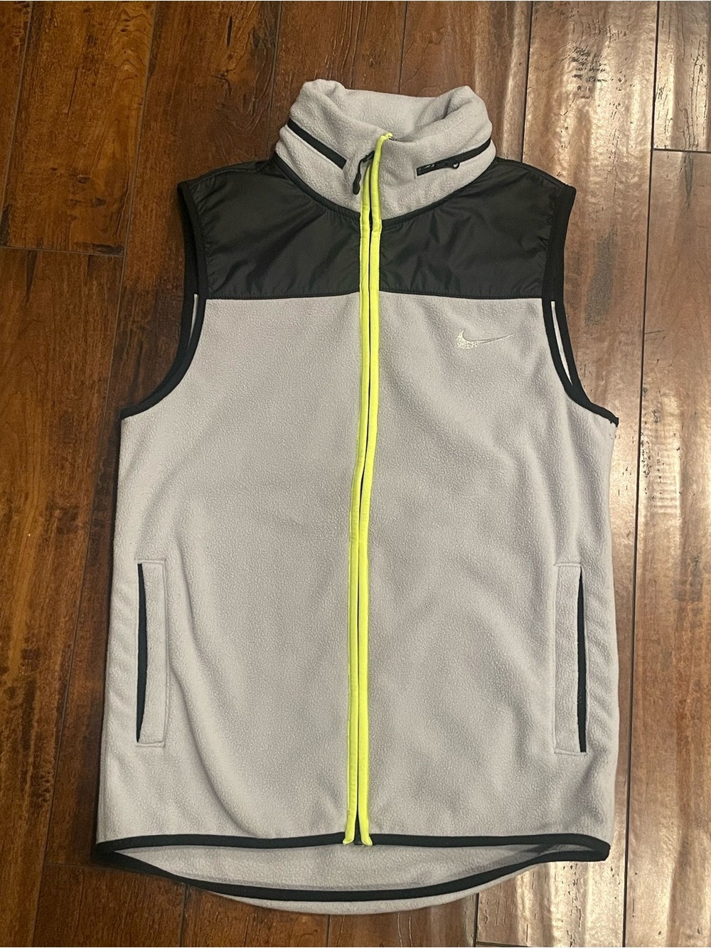 Nike Gray Fleece Vest with Black Yoke and Neon Yellow Zip
